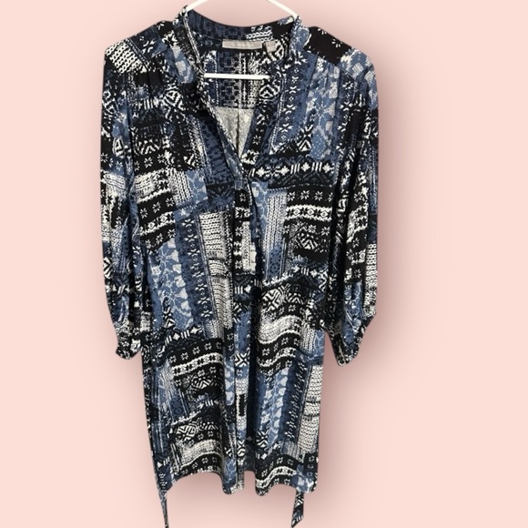 NY Collection Belted Shirt Dress | Size L | Blue & Black Patchwork Print - Picture 4 of 7